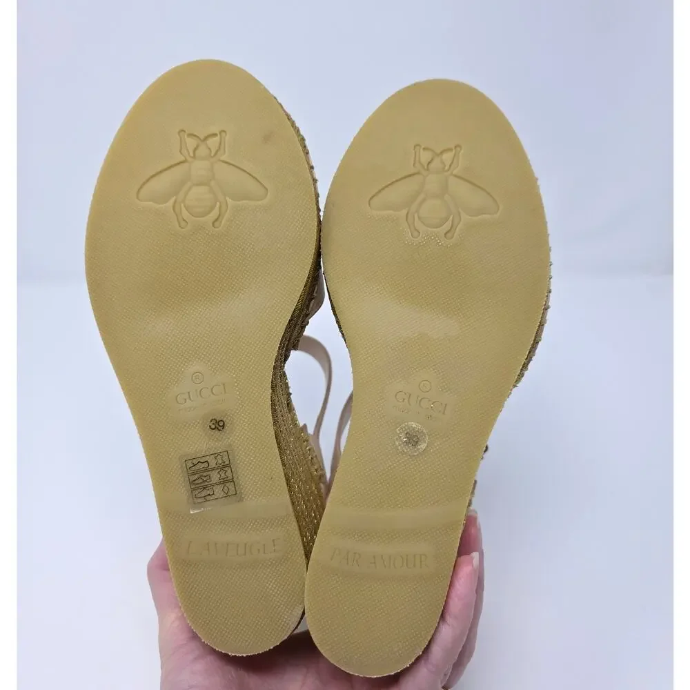 Gucci Platform GG Logo Pink Gold Espadrille Wedge Sandals IT 39 US 9 658629